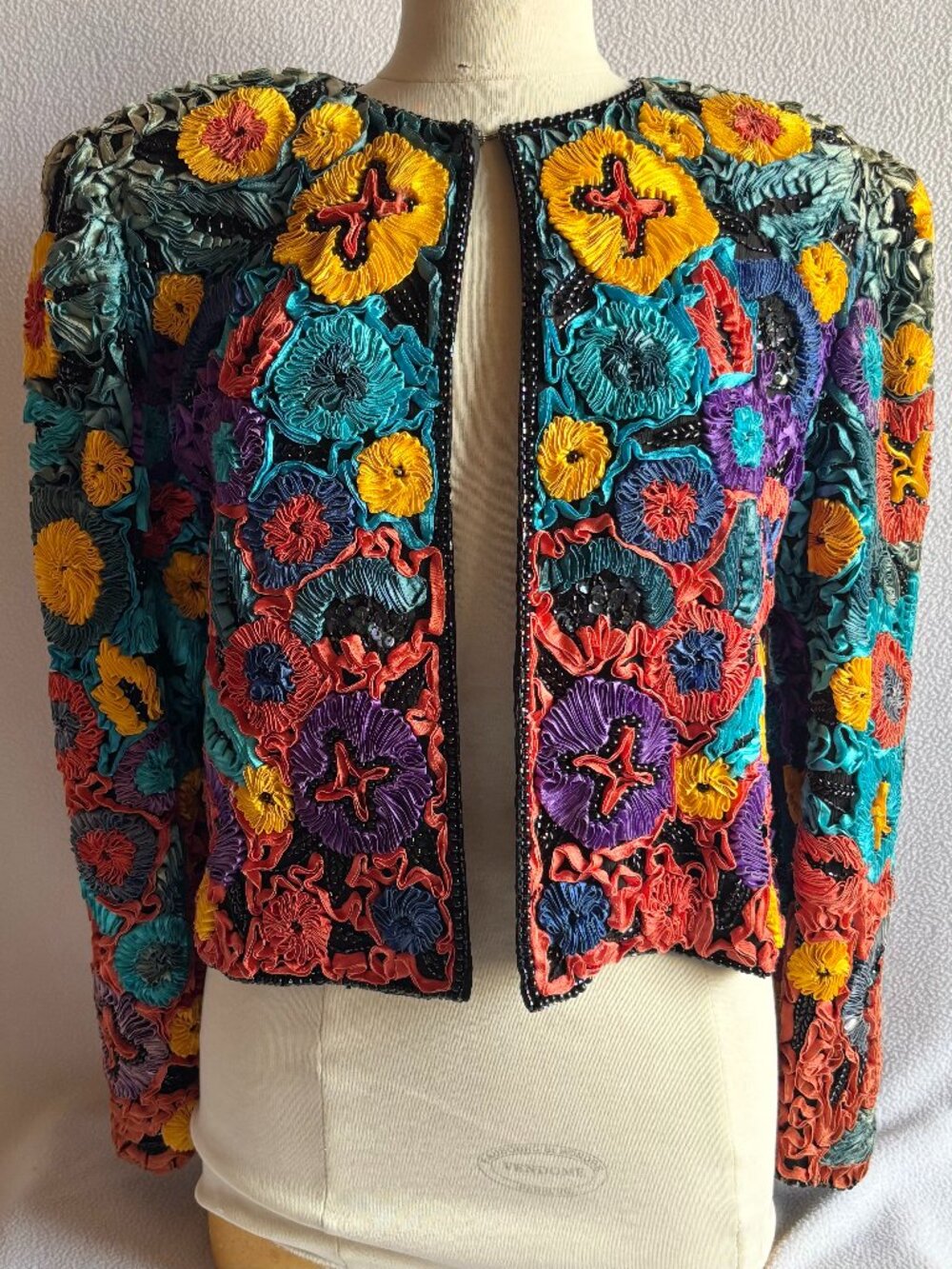 Vintage 1980s Colorful Ribbon Embroidery Jacket